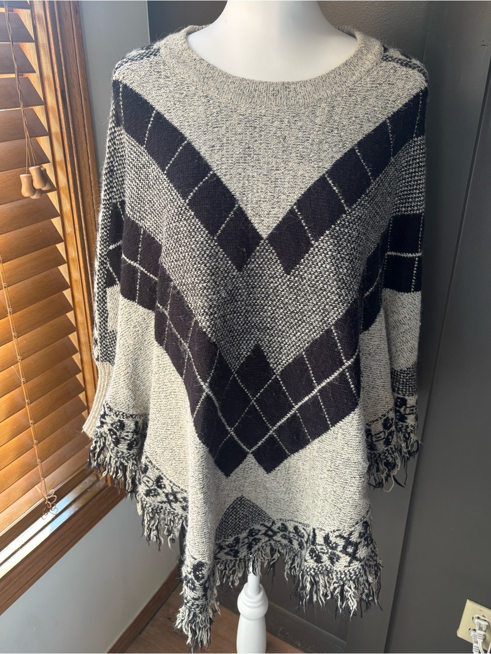 Yaira Boho Fringe Knit Poncho Sweater S/M
